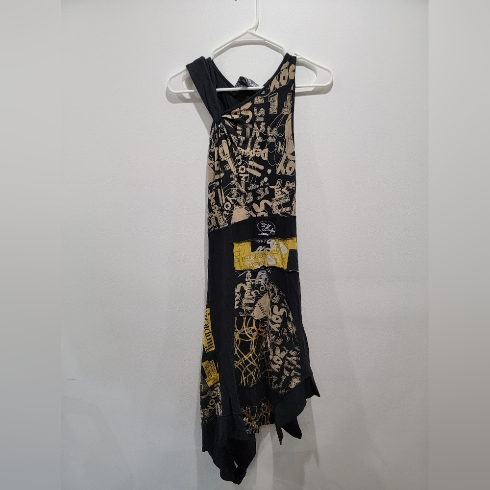 Desigual Black, Yellow, Gold Word Dress Sz XS